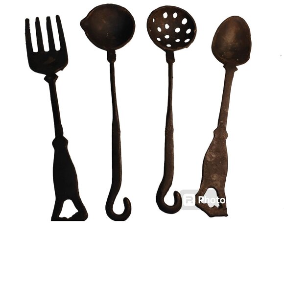 VTG 4 Pc Set WROUGHT IRON KITCHEN UTENSIL Spoon Ladle Fork Primitive Decor - Picture 3 of 3